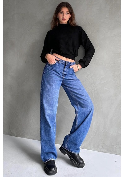 Markahit Defile Balıkçı Yaka Dokulu Crop Bluz Siyah