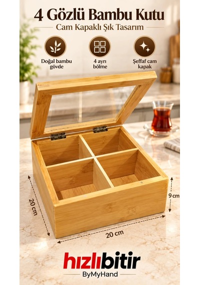 Bymyhand Bambu 4 Bölmeli Çay Kutusu Dekoratif Kutu Çok Amaçlı Kutu Kahverengi