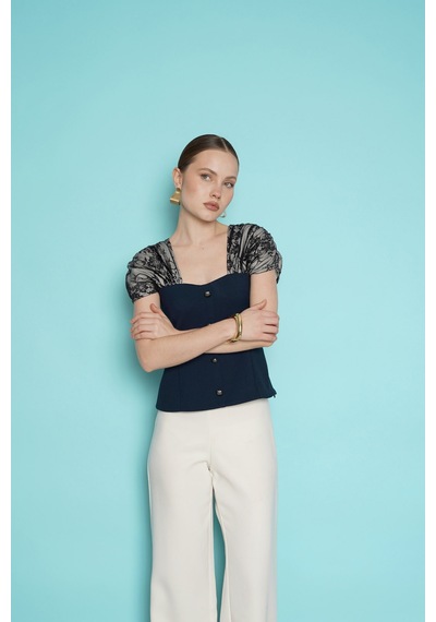 Verymoda Omuz Dantel Detaylı Kayık Yaka Bluz D2994 Lacivert