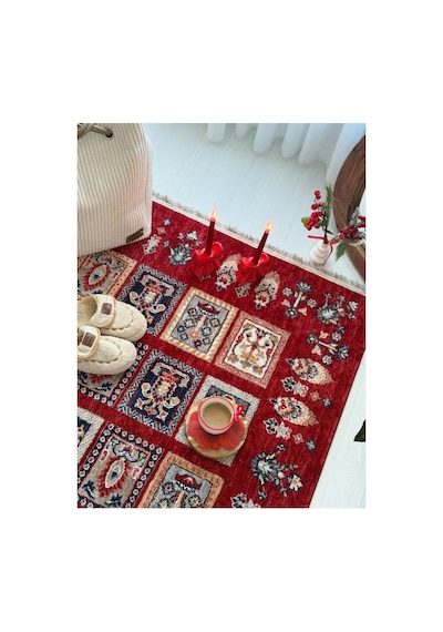 Alize Patchwork Esintili Etnik Desenli Kırmızı Halı - Modern Klasik Oda Ve Salon Halısı Kırmızı