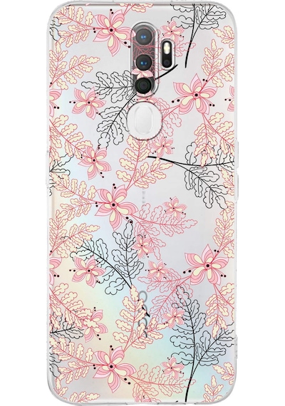 Oppo A5 2020 Uyumlu Kamera Korumalı Floral Kırmızı Tasarımlı Şeffaf Silikon Kılıf
