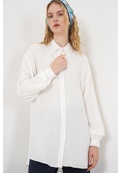 Bigdart Kadın Dokulu Oversize Tunik 5989 - Beyaz