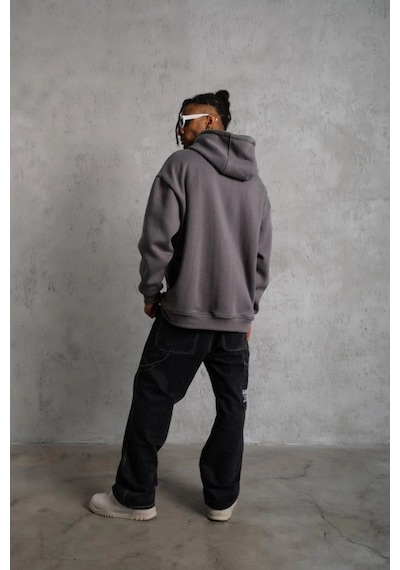 Erkek 3 İplik Pamuklu Kapüşonlu Kanguru Cepli Sweatshirt Hoodie - Gri