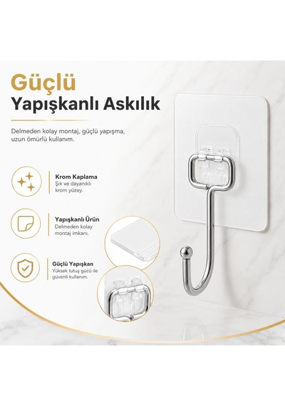 Alper Banyo Yapışkanlı Askılık Krom Kaplama, Delmeden Montajlı Ba