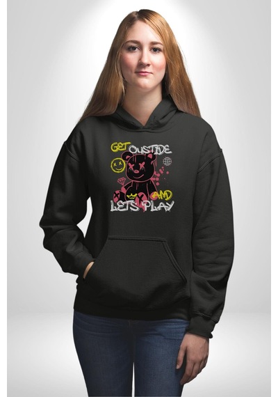 Dışarı Çık Ve Oynayalım Teddy Kadın Erkek Siyah Kapüşonlu Sweatshirt Hoodie Siyah