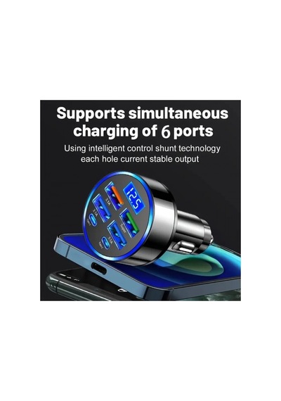 Araç Hızlı Şarj Cihazı Dijital Göstergeli Type-c Usb Hızlı Şarj Aleti 6 Portlu