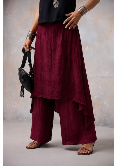 Bohem Stil İtalyan Ham Keten Pantolon Etek Bordo