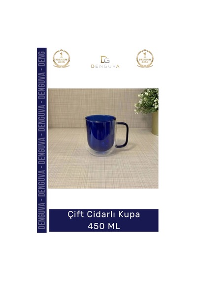 Camkupa Isı Yalıtımlı Modern Tasarım 450 Ml Kapasite Kaliteli Çift Cidarlı Cam Kupa Lacivert Çok Renkli