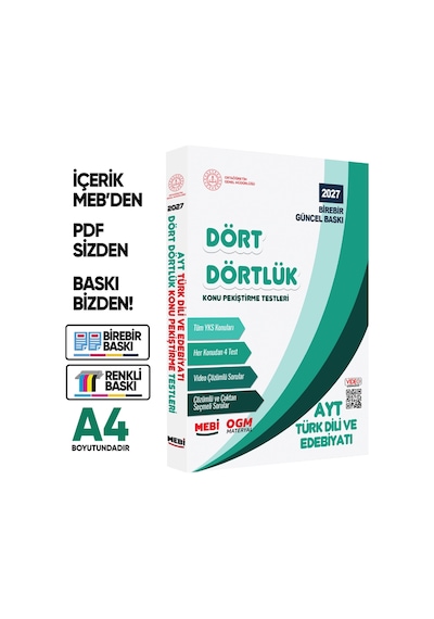 2027 YKS-ayt Mebi-ogm Dört Dörtlük Türk Dili Edebiyatı Pekiştirme Testi Soru Bankası Baskı Ücreti