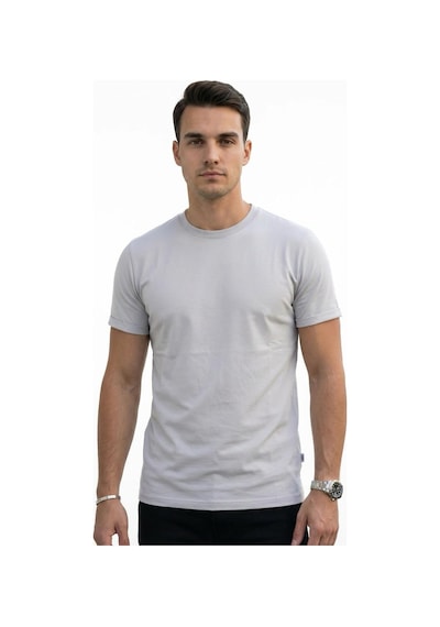 Plus Scorpion T02 Kol Katlama Erkek Slim Fit Basic Tişört Bisiklet Yaka, Düz Kumaş, Yazlık Model Gri