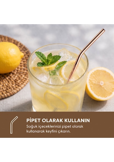 6'lı Kaşıklı Pipet Seti - Bronz - Pipet Temizleme Fırçası Çok Renkli