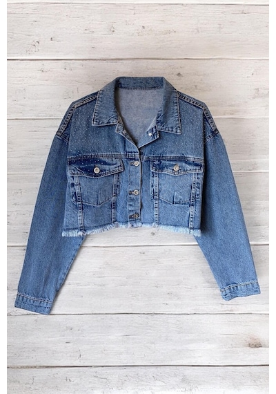 Kadın Mavi Taşlı Oversize Kot Ceket