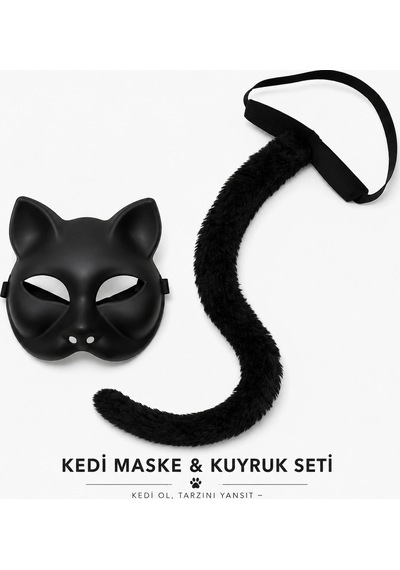 Mey İthalat Siyah Kedi Maskesi Ve Peluş Kuyruk Kostüm Seti 70 Cm