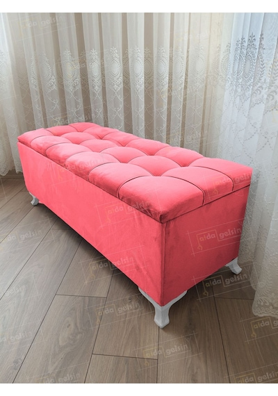 Çizgi Kapitoneli Sandıklı Puf 110 Cm Beyaz Ayak Pembe