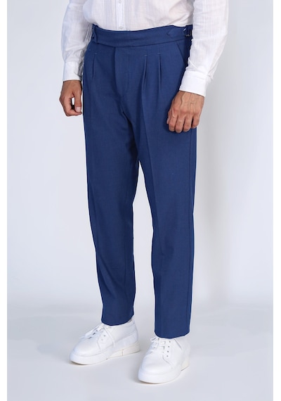 Saks Mavisi Çift Pileli Tokalı Yüksek Bel Slim Fit Pantolon Wessi Koyu Mavi