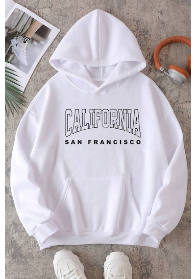 California Baskılı Oversize Sweatshirt Beyaz