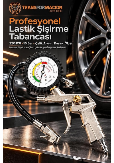 Tr Profesyonel Lastik Şişirme Tabancası Ve Hava Saati 220 Psı 16 Bar Çelik Alaşım Güçlü Gövde 722642