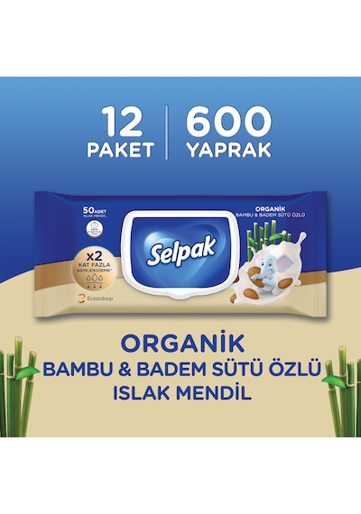 Selpak Organik Bambu Özlü & Badem Sütü Özlü Islak Mendil 12'li