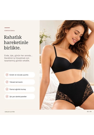 Genel Kadın Pamuklu 3'lü Yüksek Bel Güpürlü Bato Külot Siyah Ten Yanları Dantelli Günlük Ve Rahat İç Çam