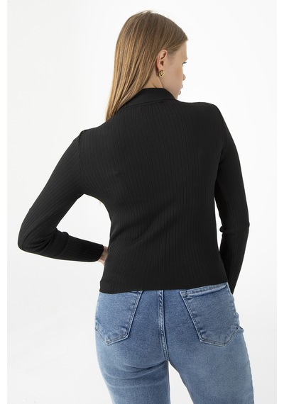 Giysa Kadın Polo Yaka Düğme Detaylı Fitilli Triko Body Siyah - 25k 2057 Siyah