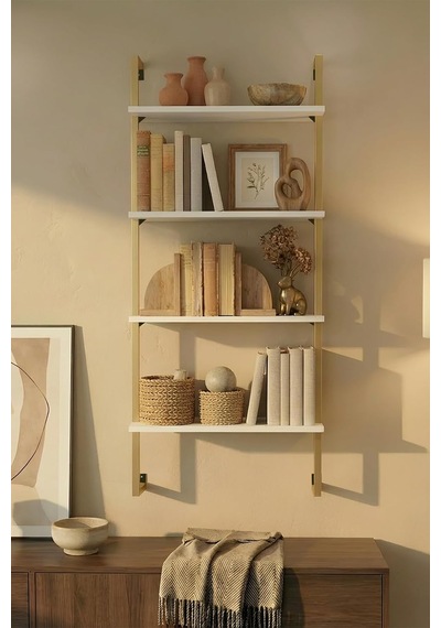 60x20 Cm, 4 Raflı Kitaplık Duvar Rafı & Mutfak, Banyo, Organizer, Gold Metal Diğer