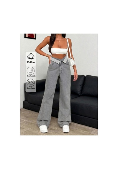 Kene Jeans Yüksek Bel Gri Kar Kemer Yakalı Bol Paça Jeans Gri Kar