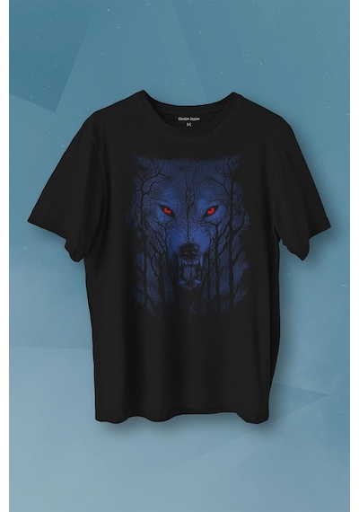 Gece Vahşi Ormada Bozkurt Bordo Maviz Gözlü Kurt Wolf Baskılı Tişört Unisex T-shirt 001
