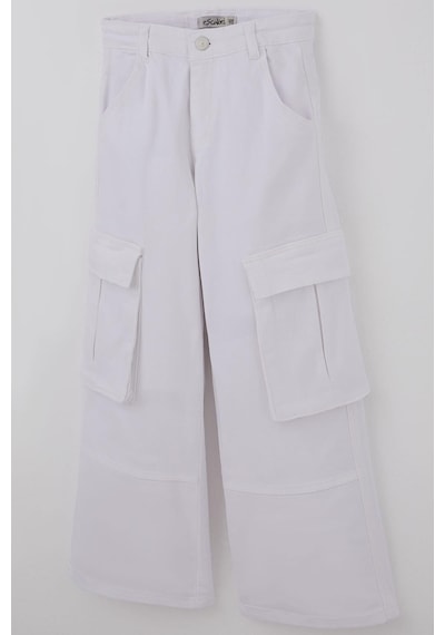 Escabel Kız Çocuk Gabardin Pantolon Kargo Cep Detaylı 5-9 Yaş, Beyaz