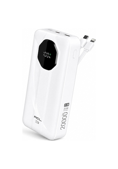 Pw-107 20.000 Mah Powerbank 22.5w Hızlı Şarj Dahili Type-c Lightning Kablolu Lcd Göstergeli 2 Usb Beyaz Çok Renkli