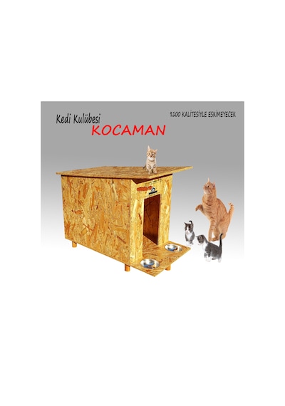 Çelik Mama Kabı + Kedi Kulübesi Büyük Ahşap Kedi Evi 81 x 46 x 60 CM