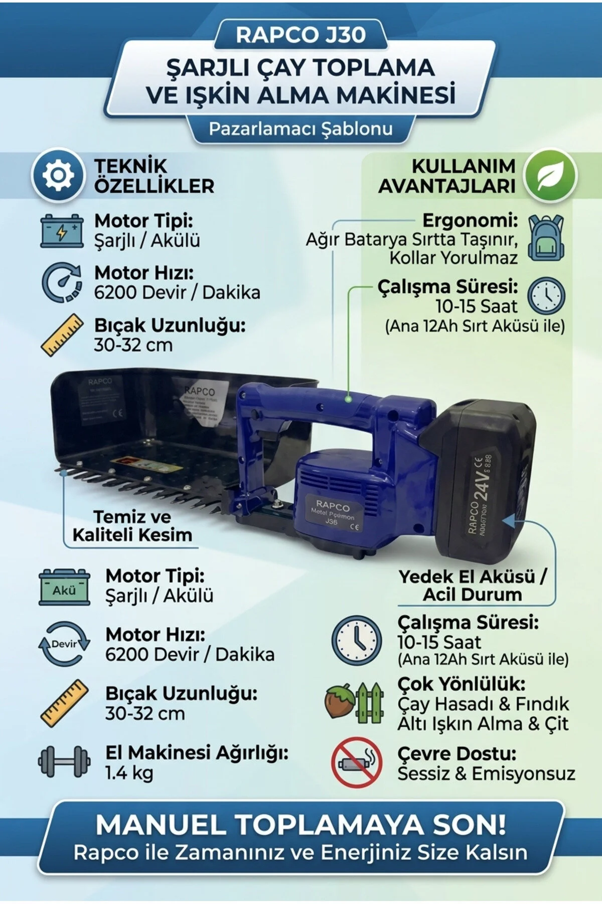 J30 Şarjlı Çay Toplama Ve Işkın Alma Makinesi