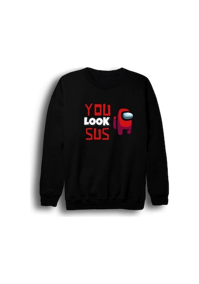 Unisex Siyah Among Us Oyun Baskılı Bisiklet Yaka Sweatshirt Siyah
