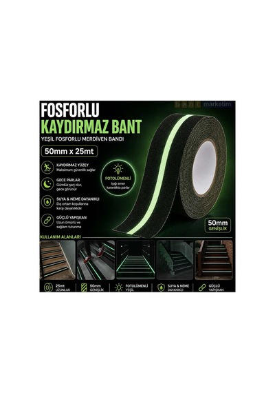 Fosforlu Kaydırmaz Merdiven Bandı 50mm X 25mt Yeşil Fotolümenli Gece Parlayan Kaymaz Bant