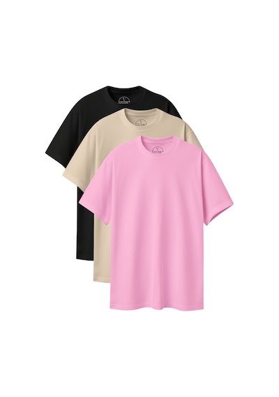 Velvoria Unisex Oversize Basic 3'lü Siyah Bej Pembe Renk T-shirt Çok Renkli9