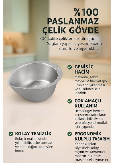 304 Çelik Mutfak Sebze Bakla Pirinç Yıkama Makarna Süzme Süzgeci Mt113 Gümüş