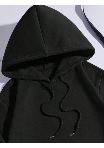 Startmore Letter Graphic Kangaroo Pocket Drawstring Lined Hoodie Siyah Siyah