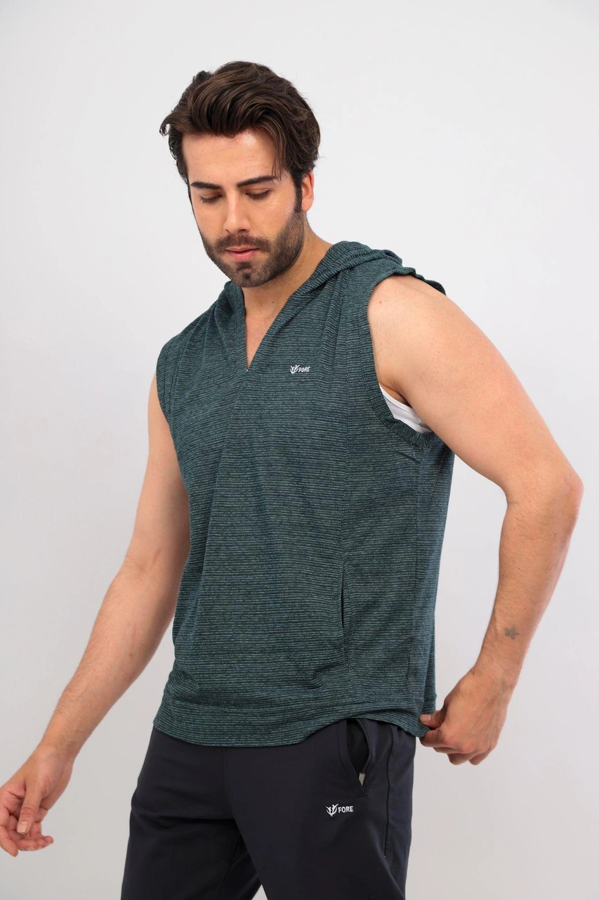Erkek 3'lü Kapşonlu Kısa Kol Atletli T-shirt Takım Yeşil