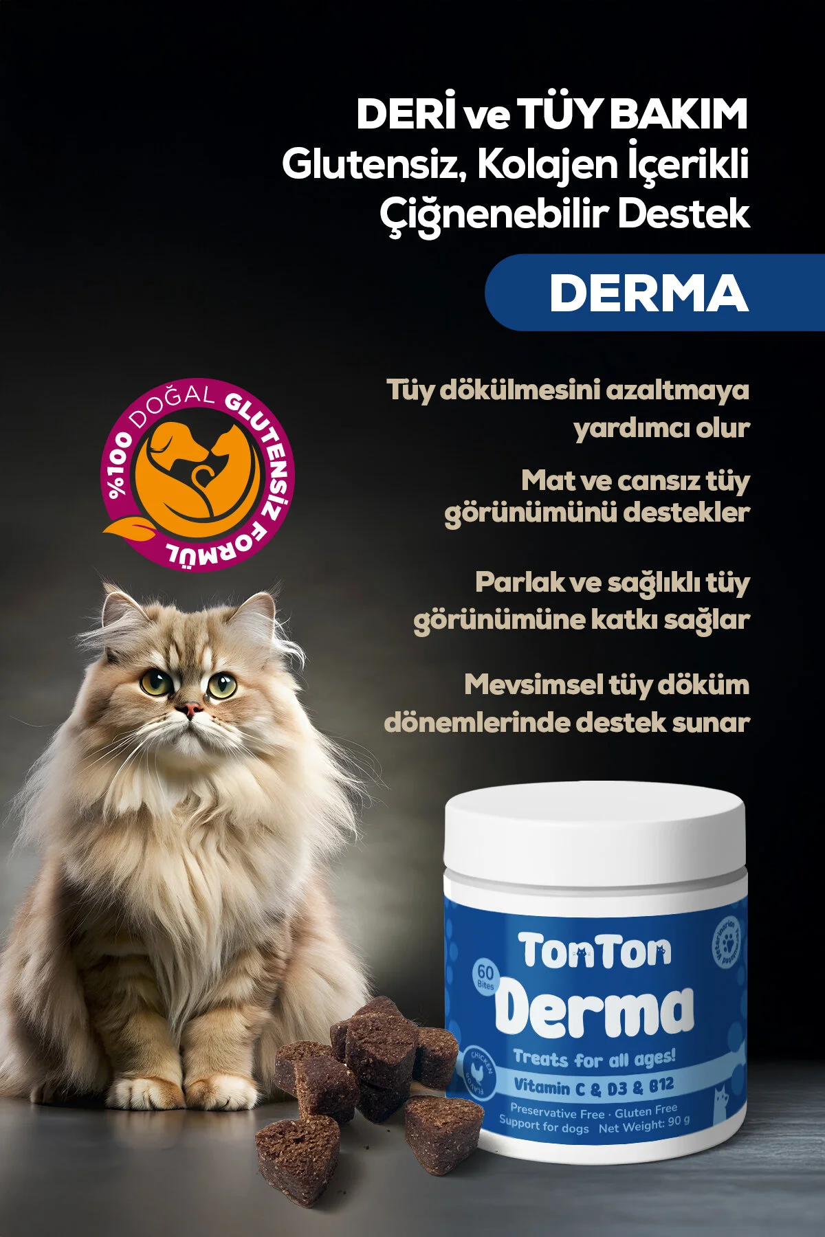 Kedi Köpek Tüy Dökülmesi Azaltıcı Tableti 60 Lı Glutensiz, Kolajen İçerikli Çiğnenebilir Destek