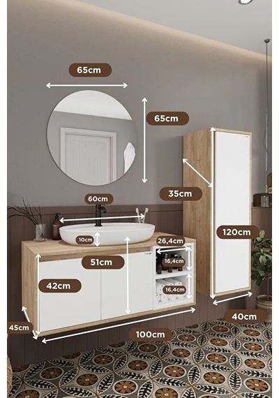 Gül Beyaz 100 Cm Banyo Dolabı+ayna+lavabo+boy Dolabı Beyaz