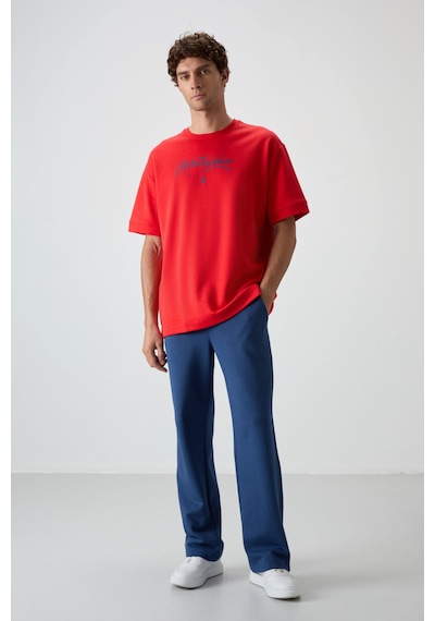 Tommy Life Fiesta-parlament Pamuklu Kalın Yumuşak Dokulu Oversize Fit Baskılı Erkek T-shirt - 88320 Kırmızı - Mavi