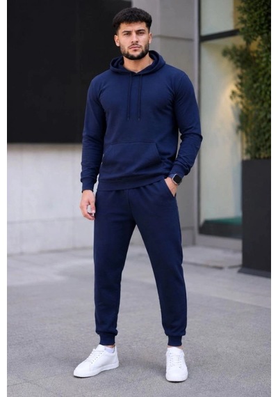 Freedom Storee Erkek İki İplik Kapüşonlu Kanguru Cepli Sweatshirt Jogger Pantolon Alt Üst Eşofman Takımı - Lacivert Çok Renkli