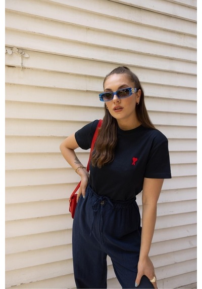 Flood Of Style Kadın Lacivert A Kalp Nakış İşlemeli Oversize