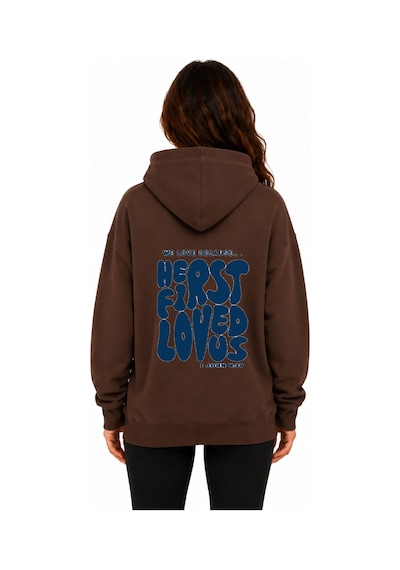 Herkesemoda First Love Arka Baskılı Kapüşonlu 2 İplik Şardonlu Sweatshirt Kahverengi