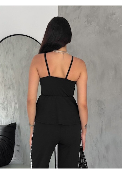 Hgfashion Kadın Biye Detaylı Bluz Pantolon Alt Üst Takım Siyah Renk Siyah