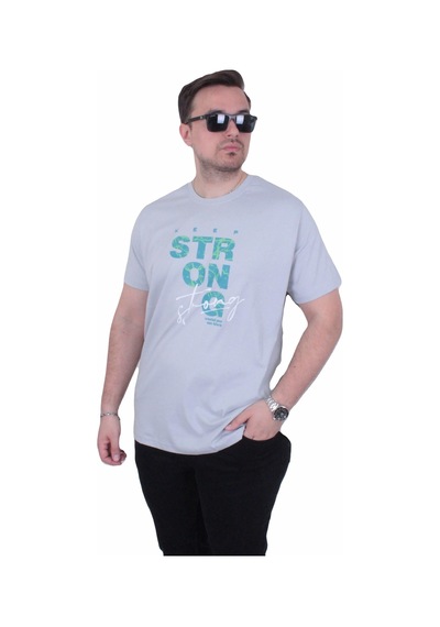 Moc Grande Mocgrande Erkek Büyük Beden Sıfır Yaka Tişört Strong 26154 Taş Gri