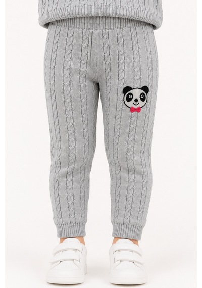 Babyhola 1-5 Yaş Kız Çocuk Panda Desenli Saç Örgü Kışlık Triko Takım 23217 Gri