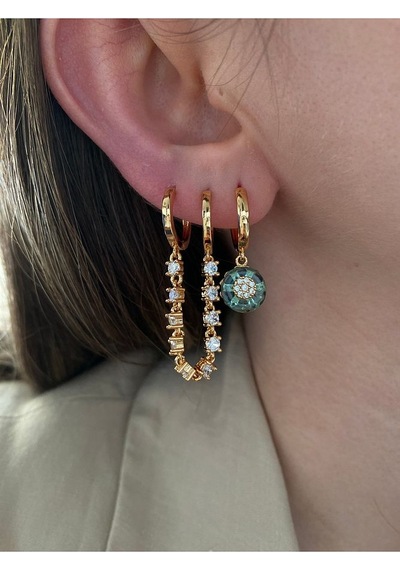 Pinery Jewels Yeşil Taşlı Taşlı Sallantılı 3'lü Altın Kaplama Kadın Küpe Seti Altın