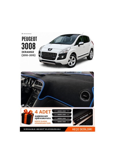 Peugeot 3008 Ekransız 2010-2015 Uyumlu Torpido Örtüsü, Torpido Kılıfı - Siyah Mavi