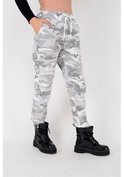 Eren Style Italyan Beli Bağlamalı Kamuflaj Desenli Dar Paça Pantolon-9078 Beyaz