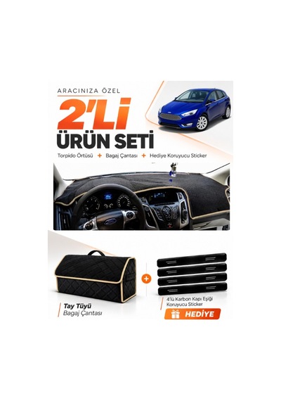 E-biz Ford Focus 3 2011-2016 Uyumlu Torpido Örtüsü + Tay Tüyü Bagaj Çantası - Siyah-bej - Fo012